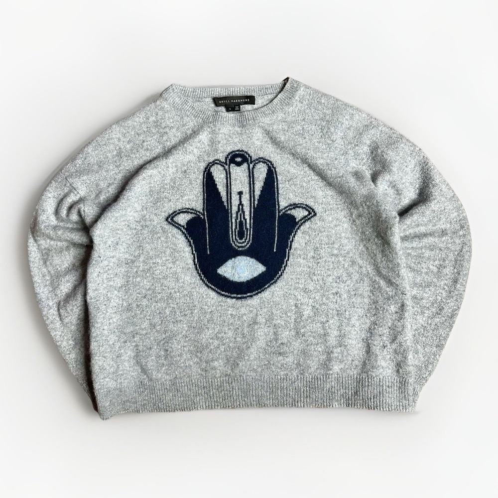 Skull Cashmere Gray Sweater with Navy Design